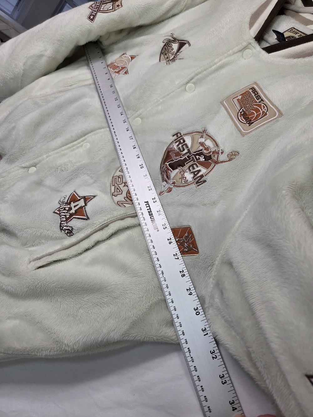 Raw Blue Classics Varsity Jacket 2XL Faux Fur Sherpa Bomber Y2K Basketball Patch - Picture 10 of 13